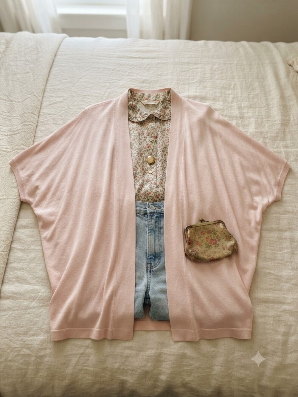 Martha Stewart Light Pink Open Front Short Sleeve Long Cardigan